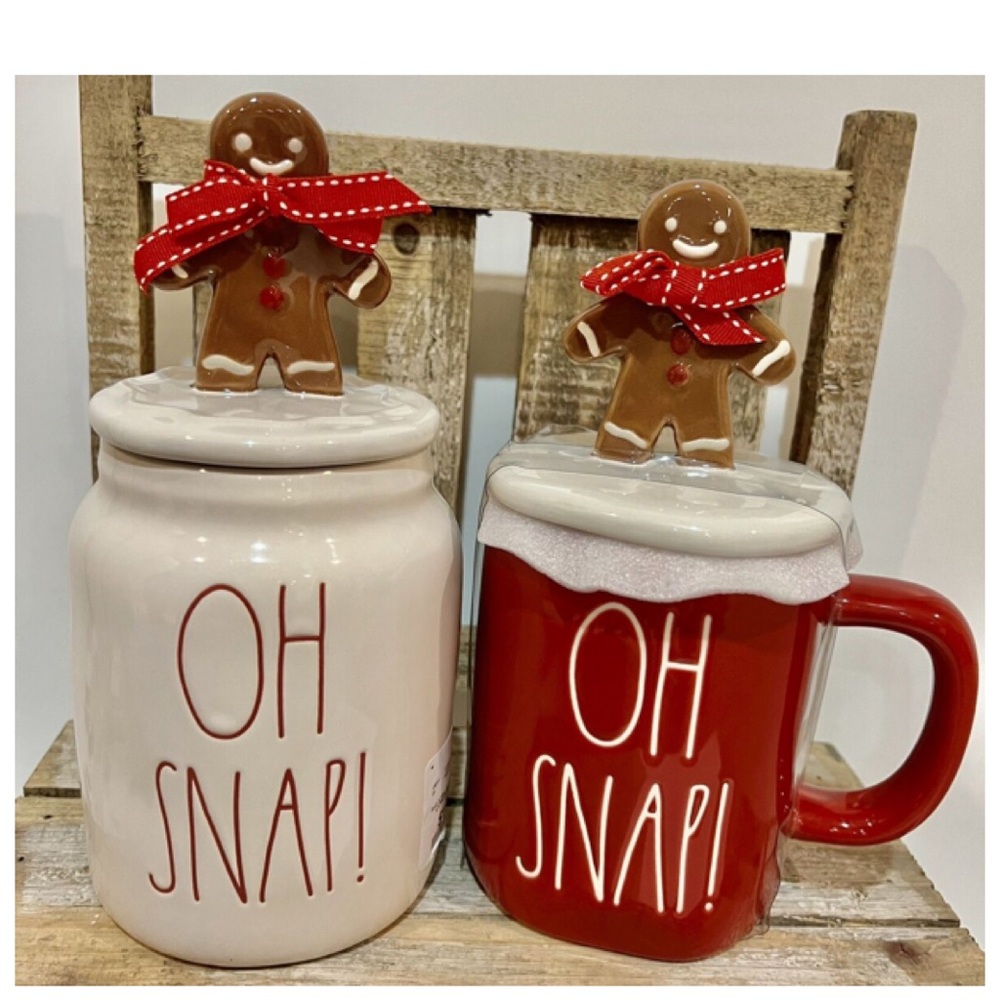 New Rae Dunn Oh Snap Gingerbread Man Baby Canister & Mug Topper Christmas Set